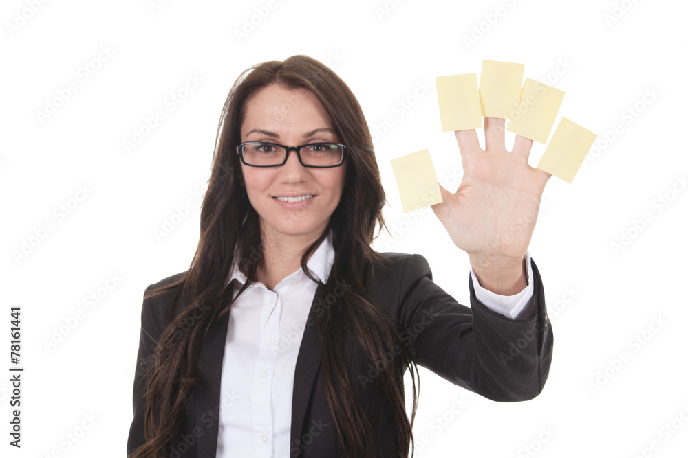 A business woman with memo on her hand. A business woman with memo on her hand.