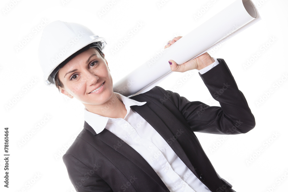 Attractive architect holding blueprints and wearing helmet. All Attractive architect holding blueprints and wearing helmet. All