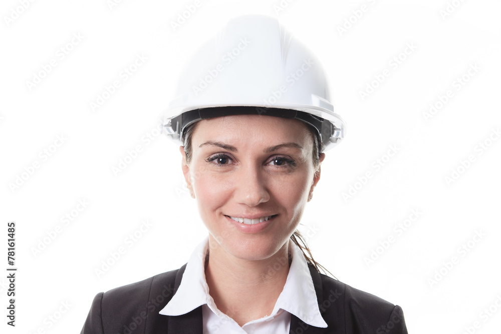 Attractive architect wearing helmet. All on white background. Attractive architect wearing helmet. All on white background.