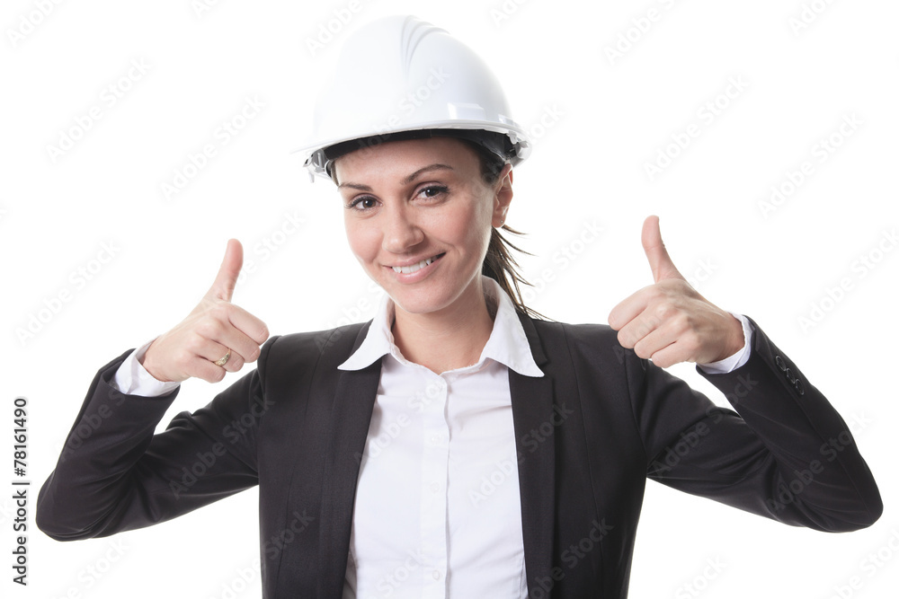 Attractive architect wearing helmet. All on white background. Attractive architect wearing helmet. All on white background.