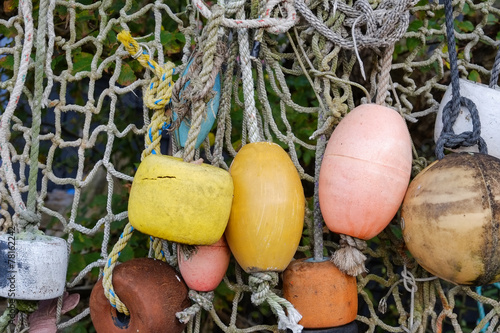 Colorful fishing lobster floats on a fishing net photo