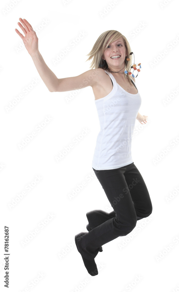 Full length studio photo of attractive woman jumping in air with Full length studio photo of attractive woman jumping in air with