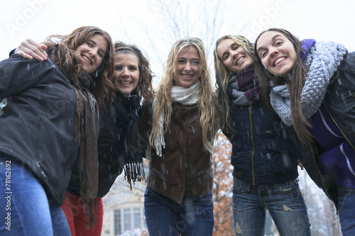 A Group of excited young girl friends outdoors in winter