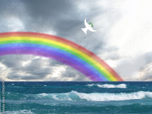 white dove flying to the light with olive leaf and rainbow