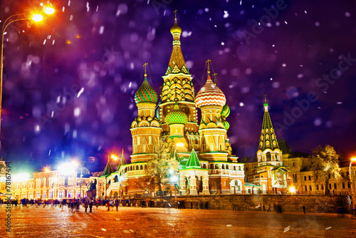 St. Basil's Cathedral in Moscow on Red Square at night winter