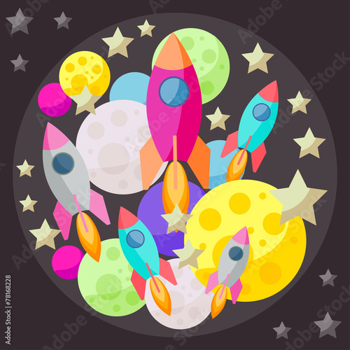 Bright colored space background with planets and spaceshipes