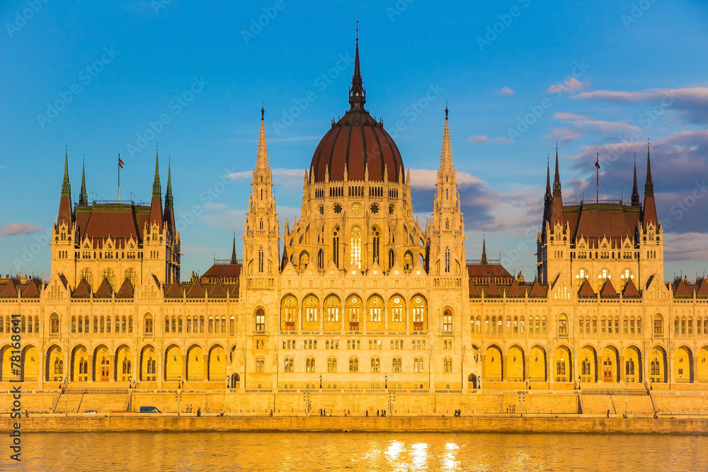 Budapest Parliament Building illuminated before sunset, Hungary