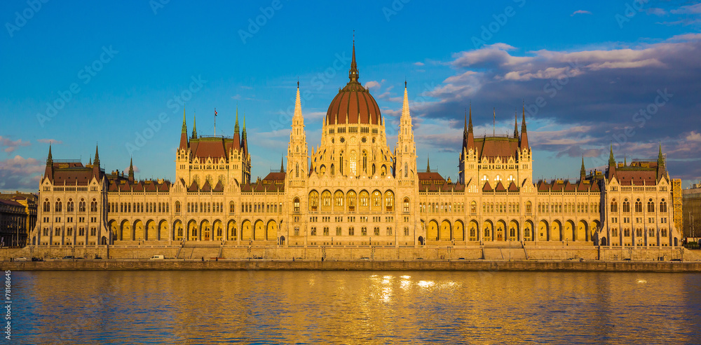 Budapest Parliament Building illuminated before sunset, Hungary