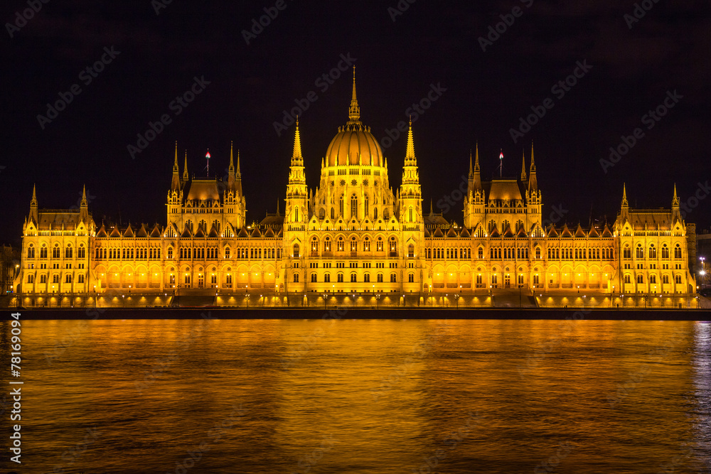 Budapest Parliament Building illuminatedin evening, Hungary