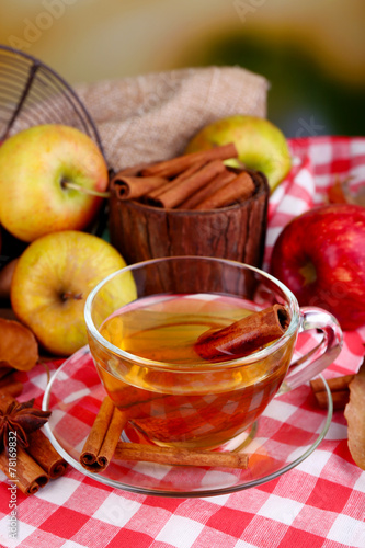 Composition of apple cider with cinnamon sticks, fresh apples
