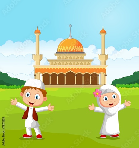 Happy cartoon Muslim kids waving hand in front of mosque