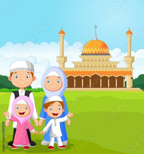 Cartoon happy Muslim family