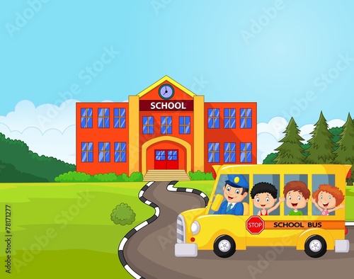 Illustration of a school bus and kids infront of school