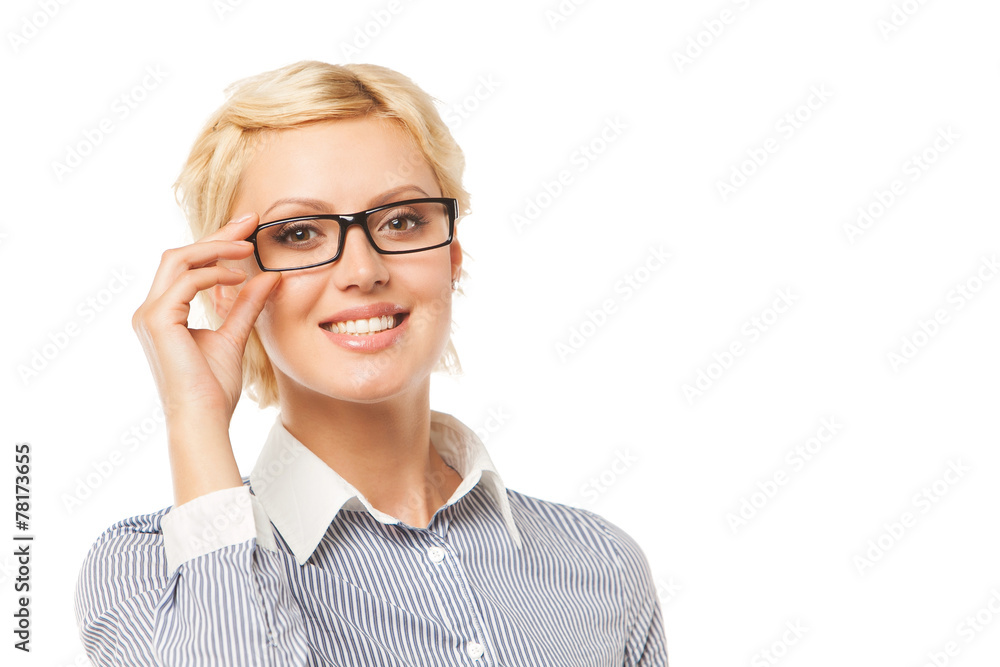 portrait of attractive caucasian smiling woman with glasses