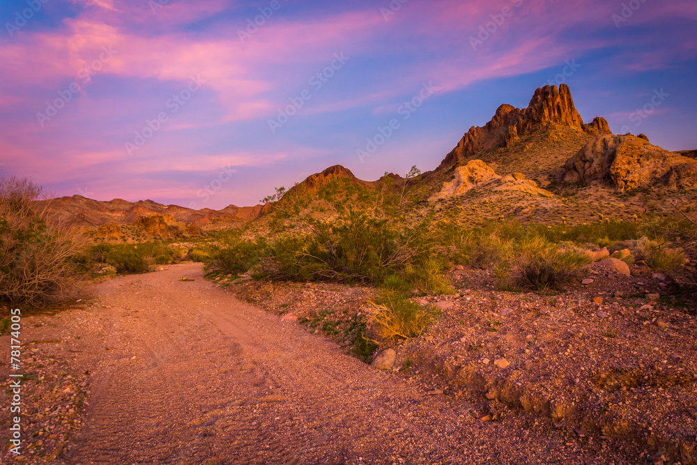 Dirt road and mountains in the desert at sunset near Oatman, Ari