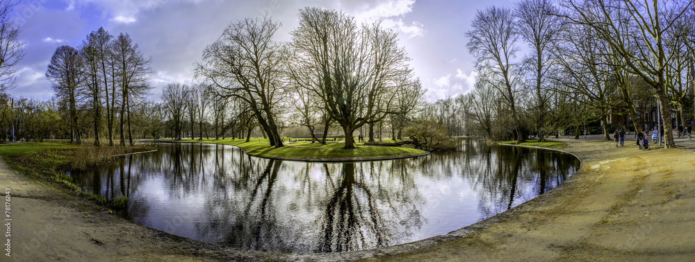 Pond panoramic landscape photo in Vondelpark, Amsterdam.