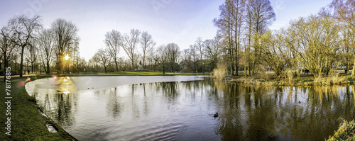 Pond panoramic landscape photo in Vondelpark, Amsterdam. Is a pu
