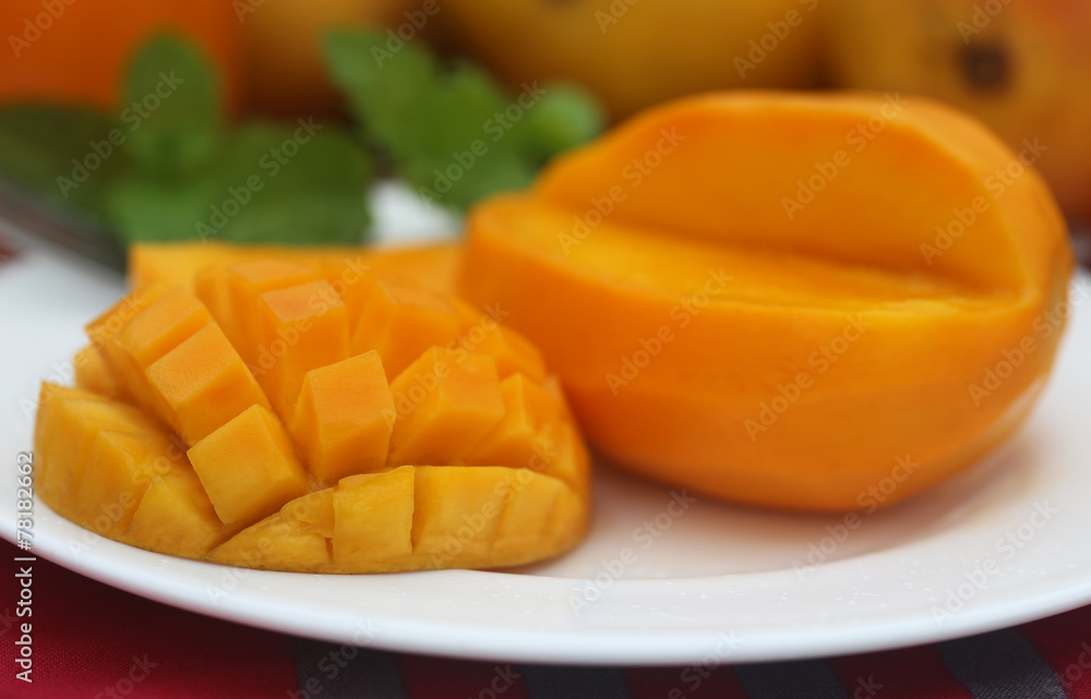 Ripe mangoes with mint leaves