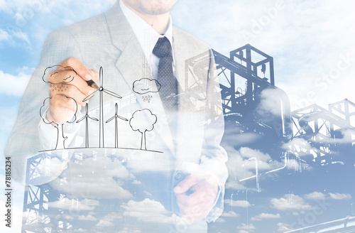Tableau sur toile double eposure business man evironment conserve and factory clou