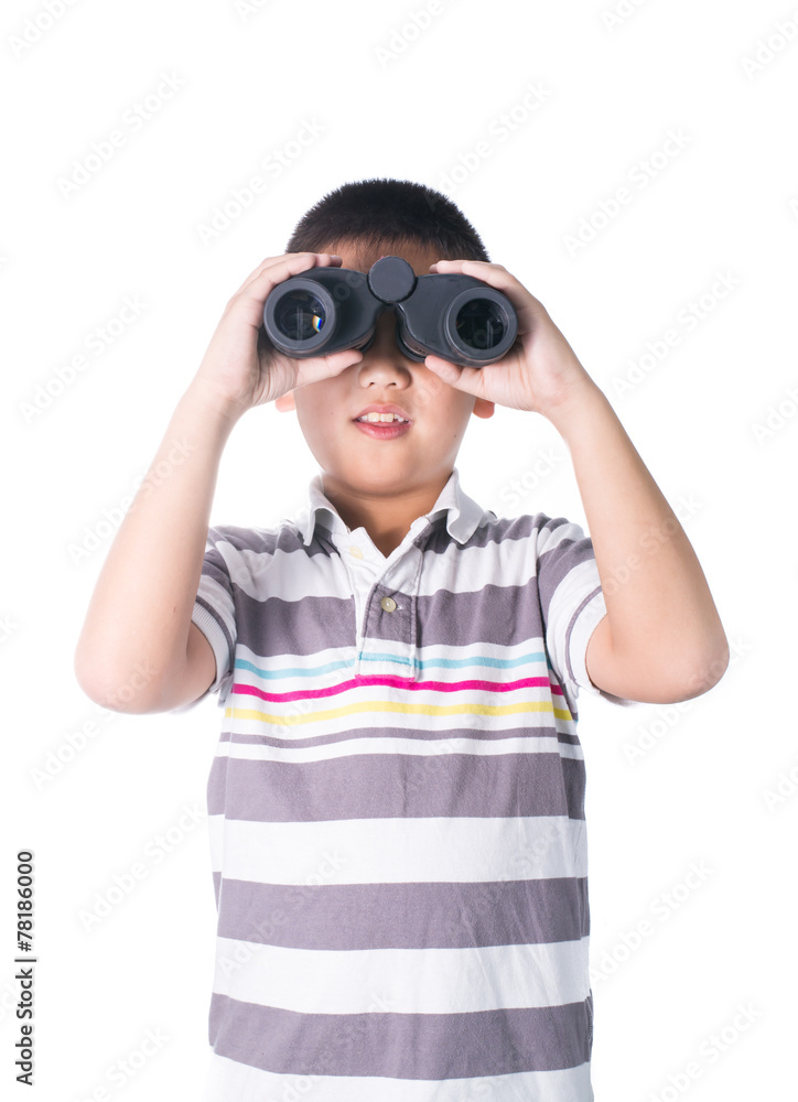 Asian boy holding binoculars, isolated on a white background Asian boy holding binoculars, isolated on a white background