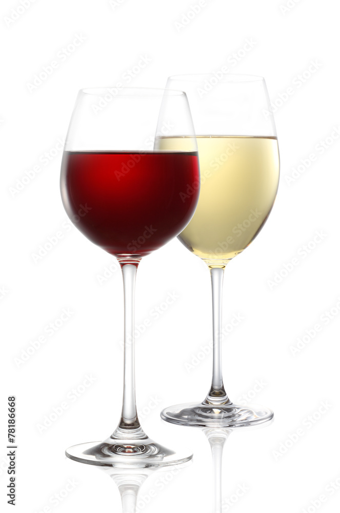 red wine and white wine isolated on white
