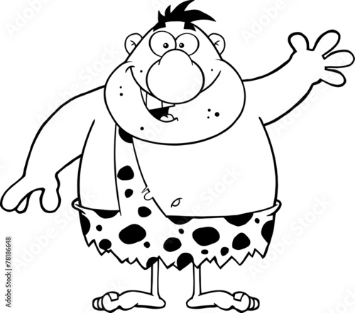 Black And White Funny Caveman Cartoon Character Waving