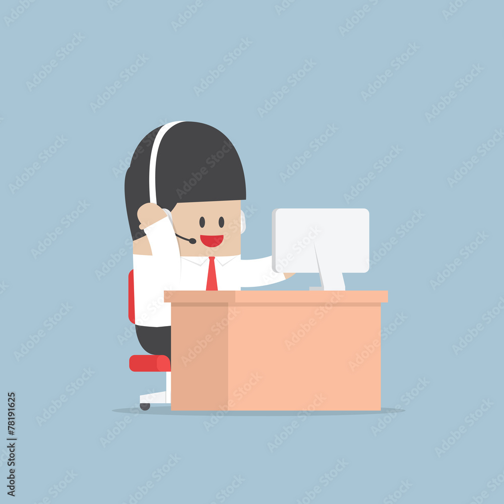 Obraz premium Businessman work as a call center with headphone and computer