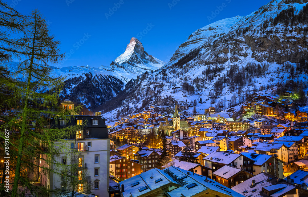 Aerial View on Zermatt Valley and Matterhorn Peak at Dawn, Switz