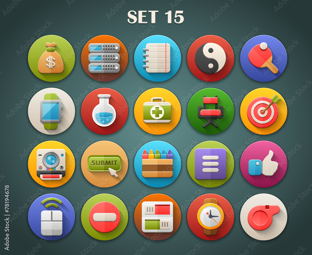 Round Bright Icons with Long Shadow Set 15 Round Bright Icons with Long Shadow Set 15