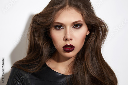 Beautiful sexy woman color makeup bordo lips dark eyes cosmetics