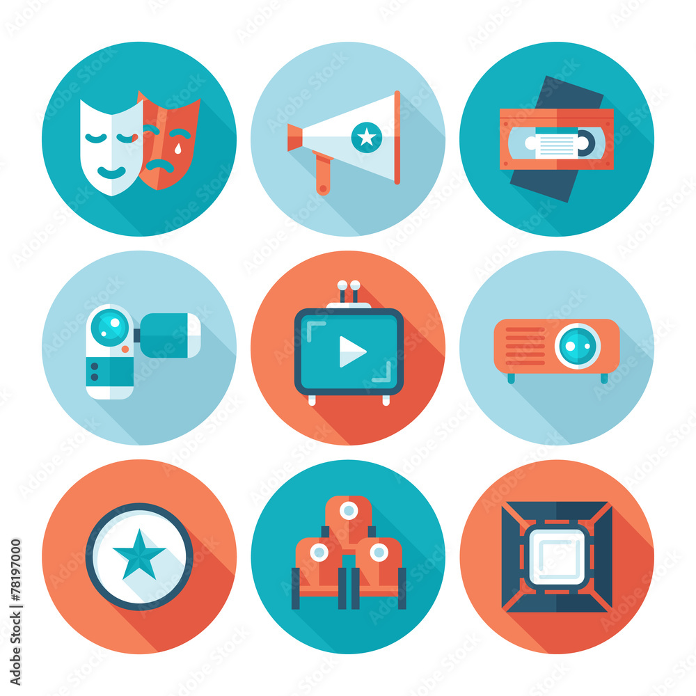 Set of flat cinema and movie icons. Media video attributes. Set of flat cinema and movie icons. Media video attributes.