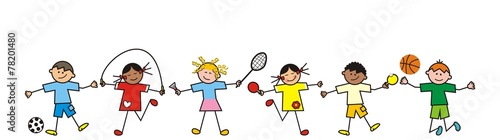 children, line, sport activity, set sports equipments, soccer ball, jump rope, badminton, tennis, basketball, ping pong
