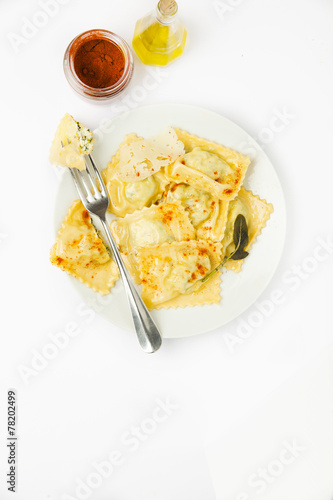 ravioli with ricotta top view on white