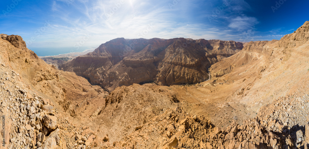 Fototapeta premium Desert canyon and Dead sea panorama.