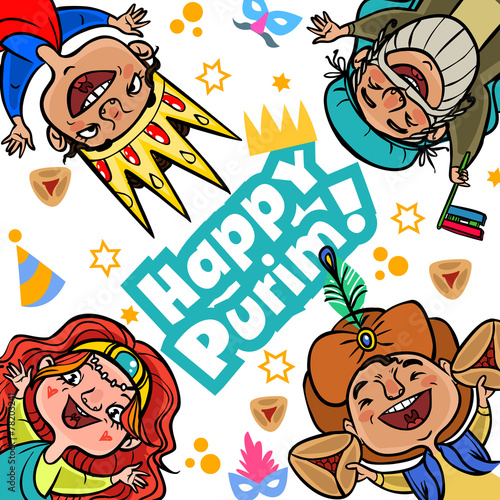 Funny Happy Purim greeting card. Vector illustration