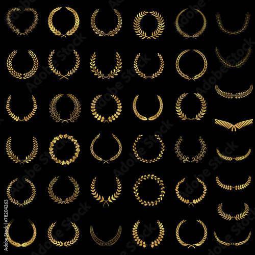 Set of gold award laurel wreaths and branches on dark background