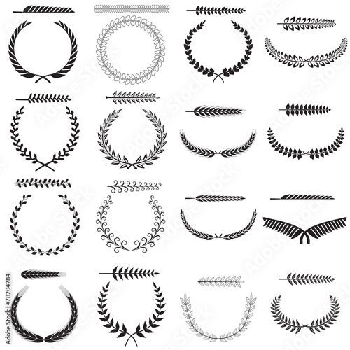 Set of silhouettes of laurel wreaths and branches