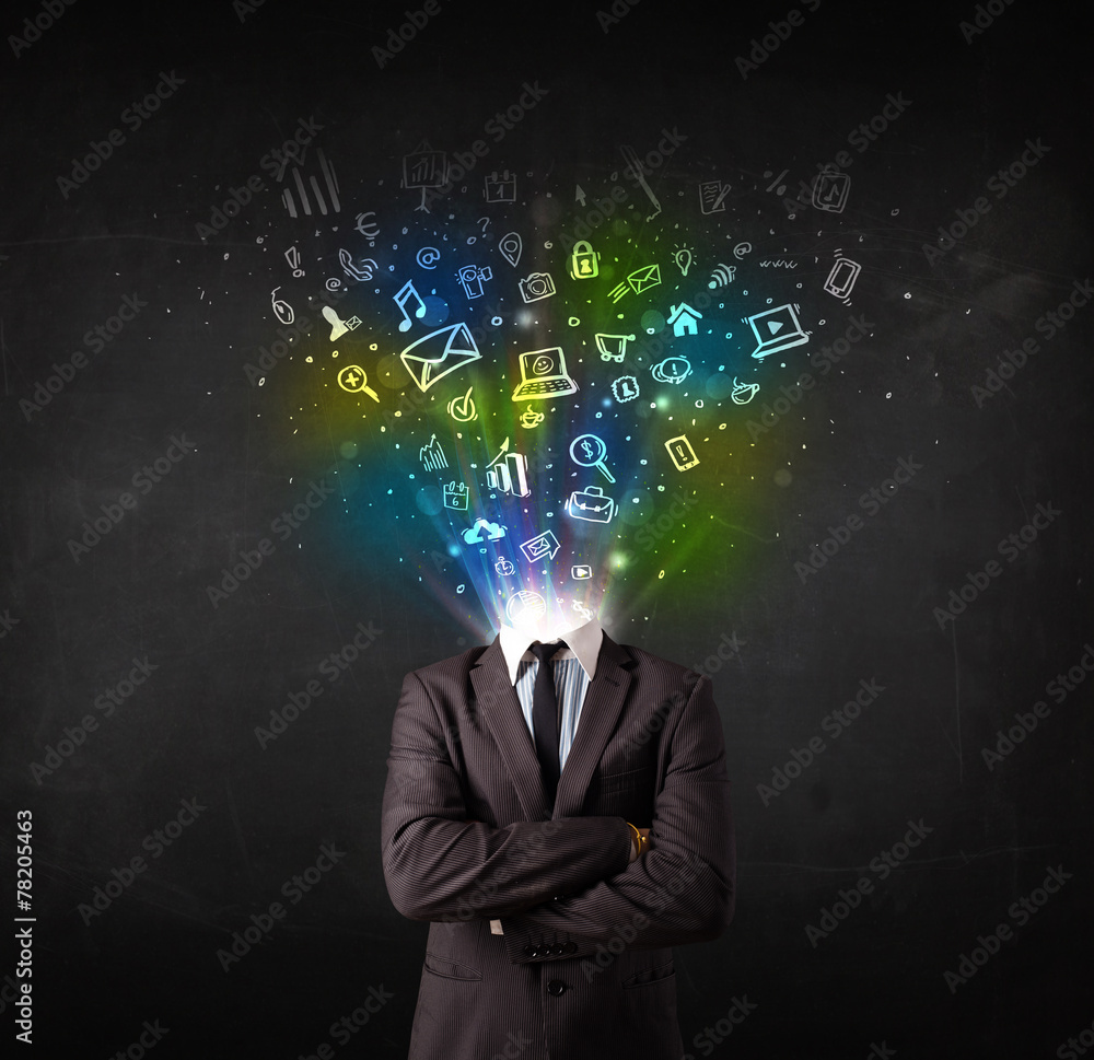 Business man with glowing media icons exploding head Business man with glowing media icons exploding head