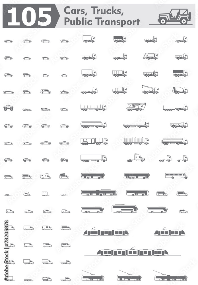 Vector cars, trucks and public transport icons