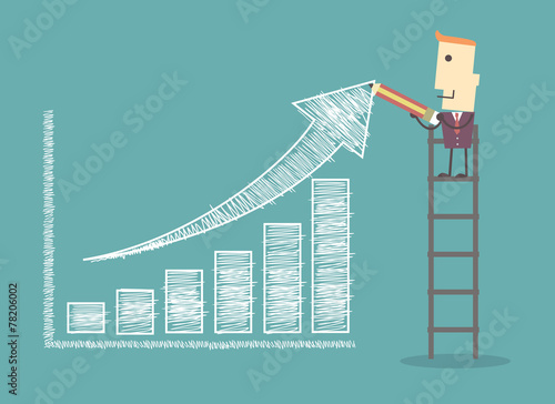 businessman on a ladder charting a positive trend graph