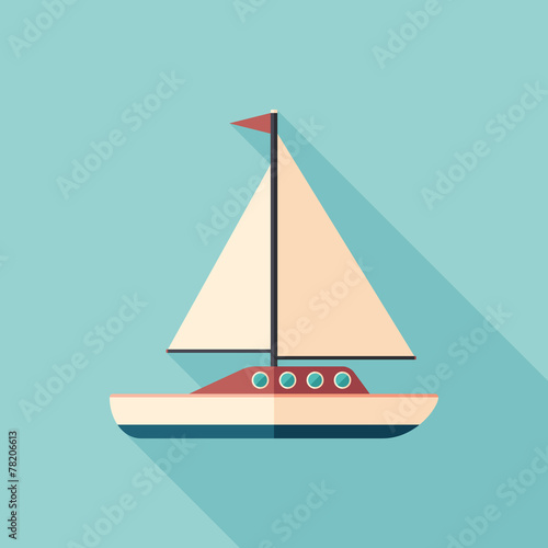 Sailing yacht flat square icon with long shadows.