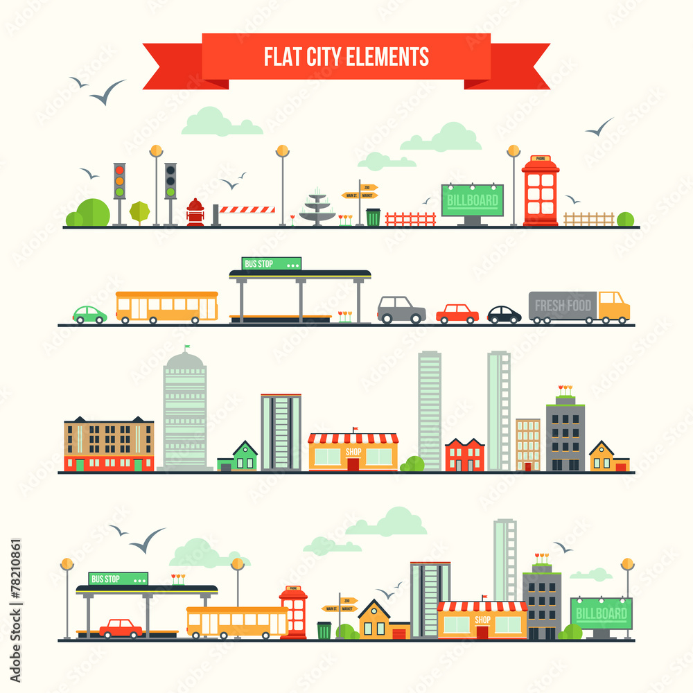 Flat city elements set Flat city elements set