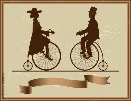 gentleman and lady riding on a retro bike to meet each other.