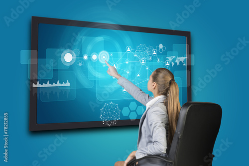 Businesswoman using touch screen interface