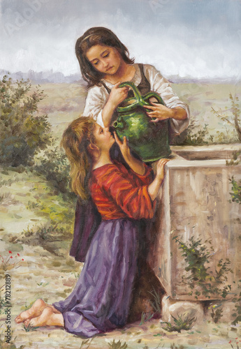 olio su tela di due giovani donne con una brocca