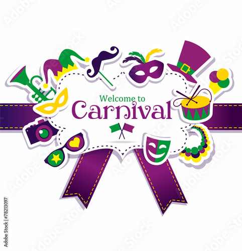 Bright vector carnival icons and sign Welcome to Carnival