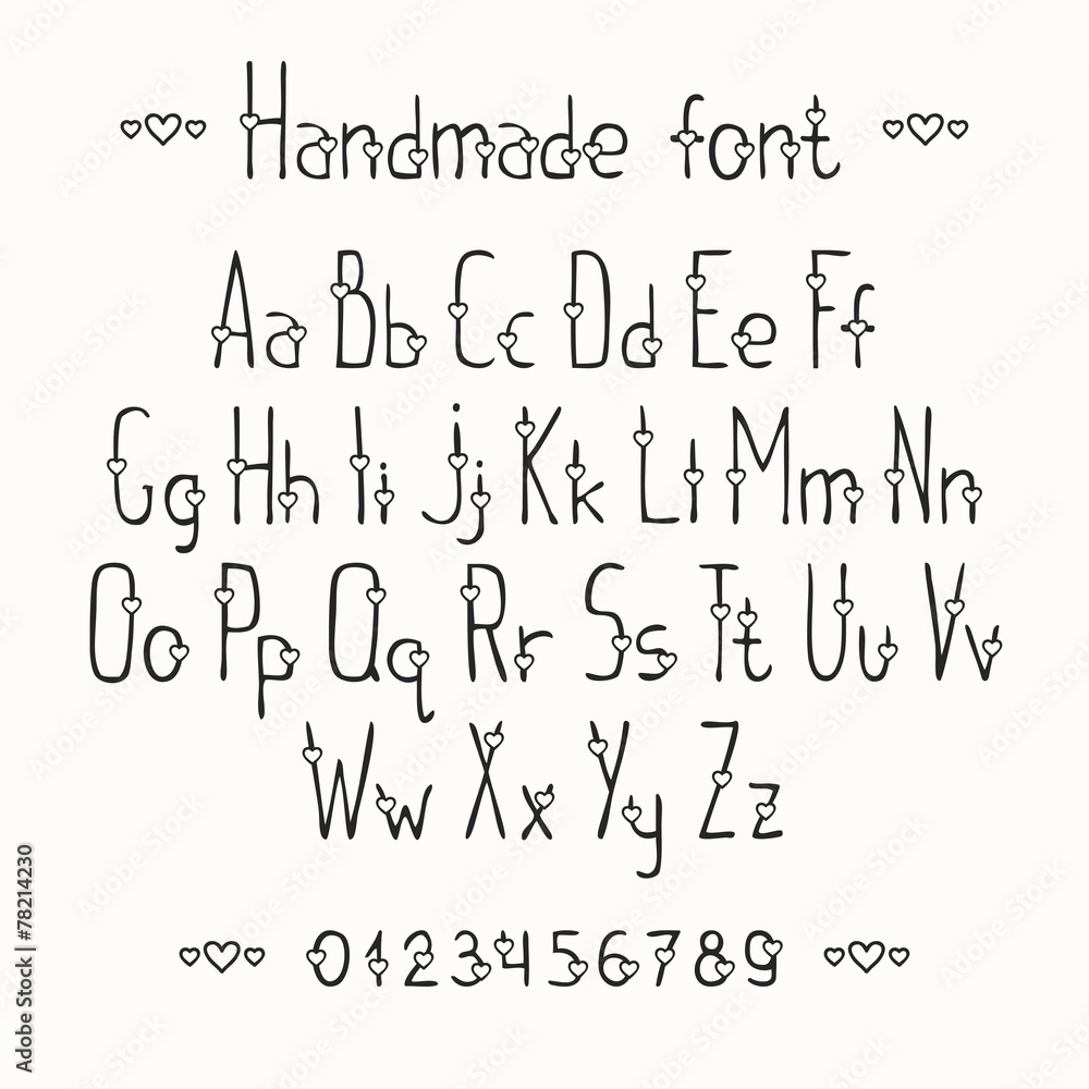 Simple romantic hand drawn font with hearts. Complete abc Simple romantic hand drawn font with hearts. Complete abc