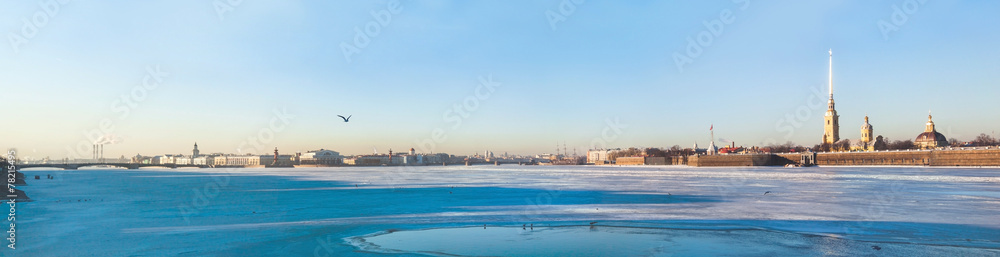 Panoramic view of Neva river in winter on sunny day in Saint Pet