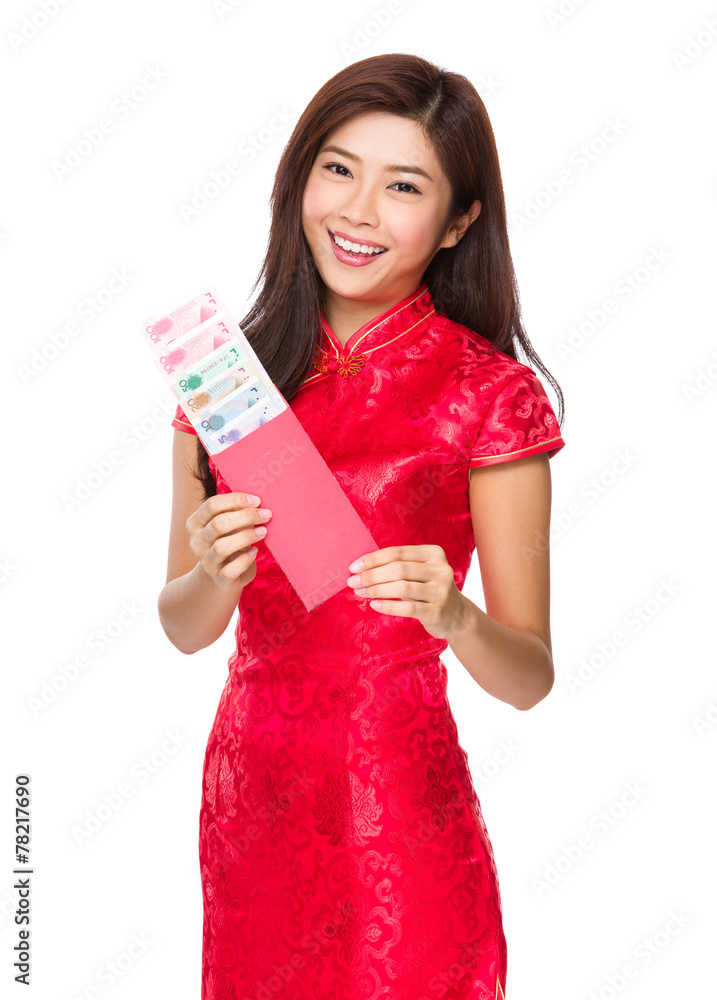Asian woman hold red pocket with RMB Asian woman hold red pocket with RMB
