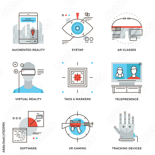 Virtual reality technology line icons set